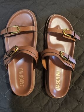 Size 7.5 Mens Jason Wu Tan Leather Double Buckle Slide Sandals